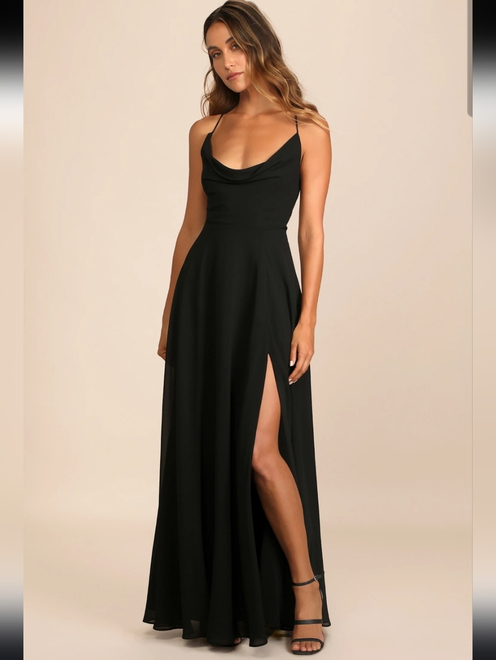 Lulu's Black Spaghetti-Strap Cowl Neck Maxi Dress with Side Slit